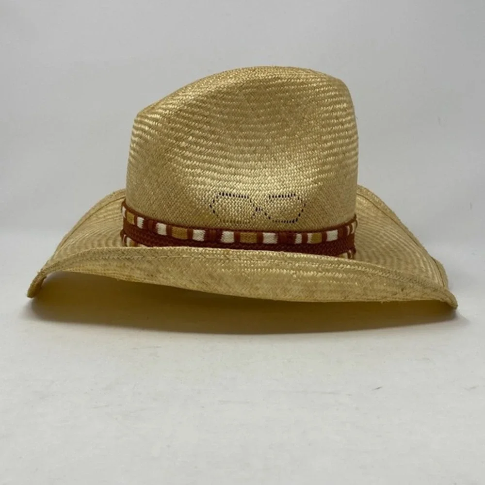 Vtg Stomper Unisex Cowboy Hat Woven‎ Band Feather Accent Straw  Western Rodeo